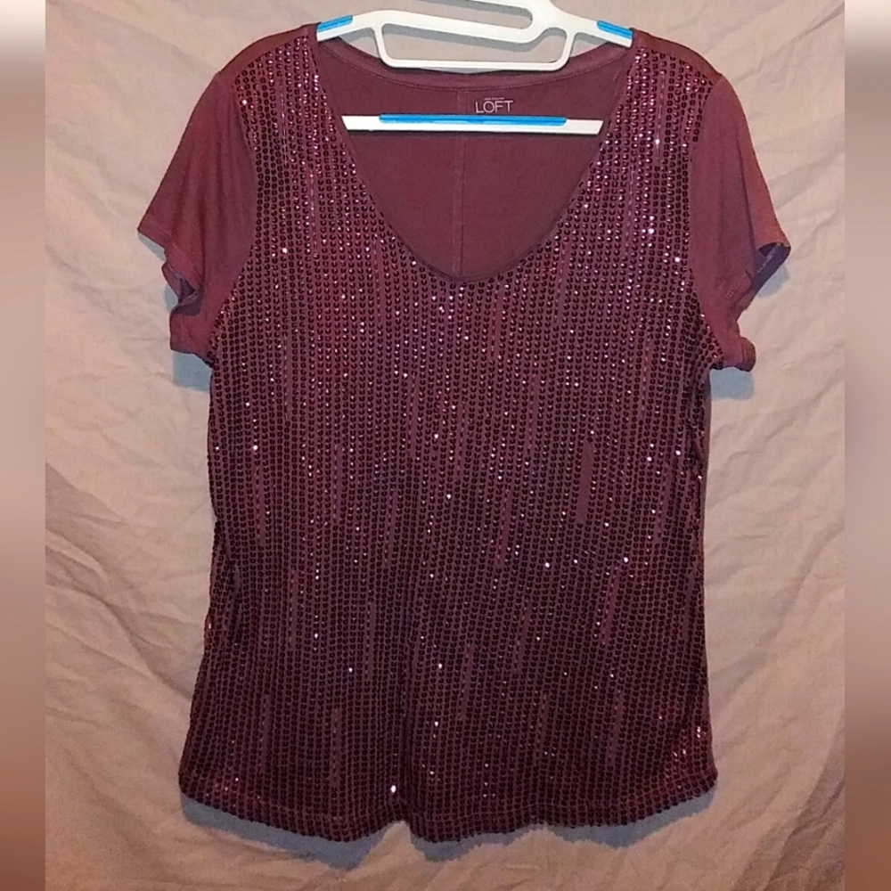 Plum Colored LOFT Top with Sequins ~ Size Large - Picture 2 of 11